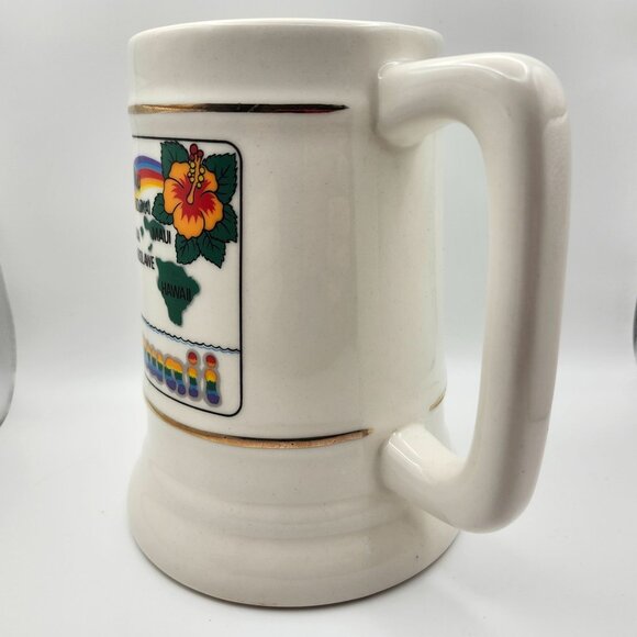 Vtg Hawaii Ceramic Stein Mug Rainbow Islands Map Design 32oz Hibiscus Pineapple - Picture 6 of 9